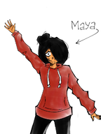 arm_lowered arm_raised arrow black_hair dutch_text english_text green_eyes hoodie maya meta:general_fanart nederlandse_tekst nervous sweat text unknown_artist white_void // 768x1024 // 420KB