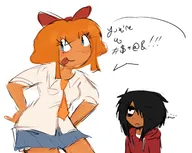 artist:glitteryhooves black_hair blank_background blue_eyes bow censored exclamation_mark exclamation_marks freckles hoodie maya meta:general_fanart mymy orange_hair single_color_background single_colour_background skirt text text_bubble tie undershirt white_background white_void // 1230x977 // 91KB