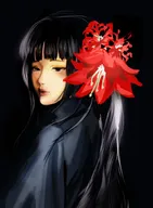 artist:jynu_hangsal black_hair brown_eyes eiko flower flower_in_hair meta:general_fanart single_color_background single_colour_background // 1094x1487 // 123KB