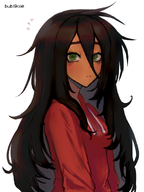 artist:bublikoe black_hair blush green_eyes hoodie looking_at_viewer maya meta:general_fanart white_void // 906x1209 // 733KB