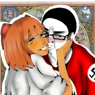black_hair blue_eyes blush bow english_text freckles glasses holding_head hyperborea love map map_of_europe mymy orange_hair painted_nails shirt swastika text variant:chudjak // 4096x4096 // 1.0MB