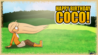 afrikaans_text artist:pootisman blonde_hair blush boot boots brown_eyes coco dutch_text english_text exclamation_mark eyelashes grass grass_field happy_birthday meta:general_fanart skirt sky text tree ZMTFU // 6720x3780 // 20MB