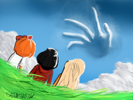 artist:salemzhar768 black_hair blonde_hair bow cloud clouds coco field grass grass_field hand hoodie master_hand master_hand_(super_smash_brothers) maya meta:general_fanart mymy niggerwiggle orange_hair // 2880x2160 // 4.8MB