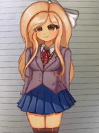 artist:xai blonde_hair bow brown_eyes coco cosplay meta:general_fanart monika_(ddlc) monika_(ddlc)_cosplay monika_(doki_doki_literature_club!) monika_(doki_doki_literature_club!)_cosplay Photo_as_background shine skirt // 1536x2048 // 359KB