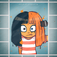 915 artist:studio_massa bathroom black_hair blue_eyes brown_eyes dying_hair eye_contacts focus freckles hair_dye Illustraties_(official) mirror mymy official_art orange_hair paint paint_brush painting petjeaf shirt striped_shirt text tongue // 2160x2160 // 3.8MB