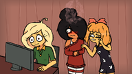 artist:nbveh black_hair blonde_hair blue_eyes blush blushing bow brown_eyes coco computer computer_mouse desk green_eyes hair_bun hair_covering_eye hair_down hair_over_eye hair_over_eye_(maya) laughing maya maya's_computer maya's_pc maya's_room meta:general_fanart mymy nervous nintje orange_hair pajamas sleeveless_undershirt smile steam tanktop tears undershirt wifebeater // 960x540 // 255KB