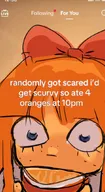 blue_eyes bow english_text freckles fruit meme meta:general_fanart mymy orange orange_(fruit) orange_hair screenshot slide text tiktok time unknown_artist // 475x867 // 63KB