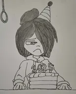 2025 birthday_hat cake frown hair_bun hat hoodie maya meta:general_fanart noose pencil_(medium) table tear teary_eyes unknown_artist // 2815x3518 // 303KB